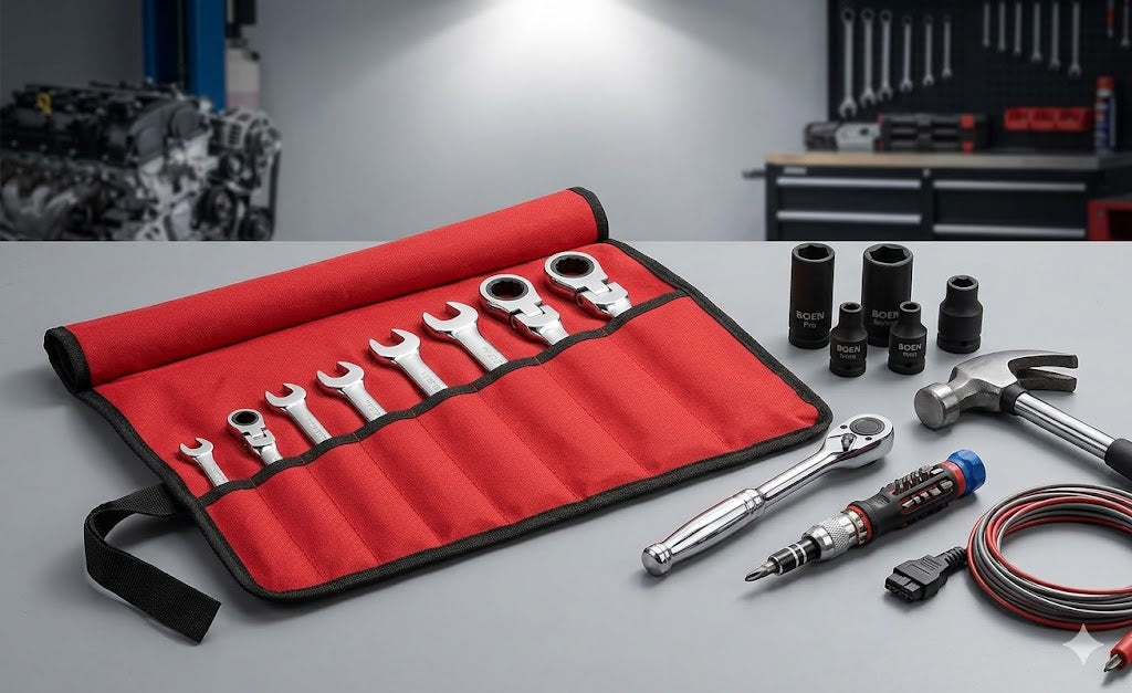 Automotive Tools on white bench background with Tool box in background