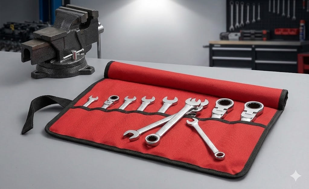 Ratchet Wrench Set in a Red Roll up pouch with Vise and Tool Box in background
