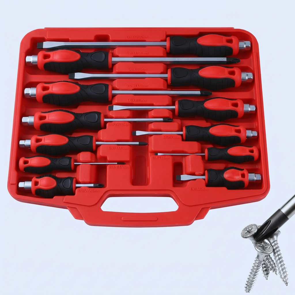 A screwdriver set in a red plastic case, featuring red and black handles and silver metal shafts, shown on a light blue background with a small inset of screws being driven in.