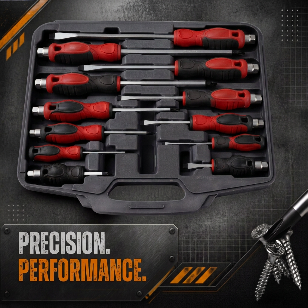 A 12-piece precision screwdriver set with blue and gray handles arranged in a black plastic case, set against a dark textured background with promotional text 'PRECISION. PERFORMANCE.