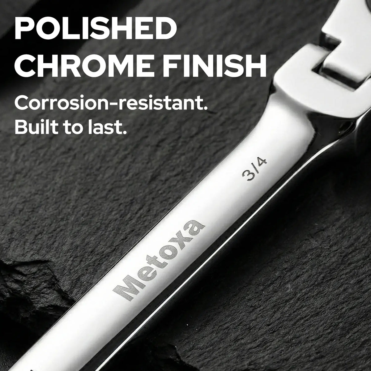 Close-up of a Metoxa 3/4 wrench with a polished chrome finish, set against a dark textured slate background with promotional text reading 'POLISHED CHROME FINISH' and 'Corrosion-resistant. Built to last.
