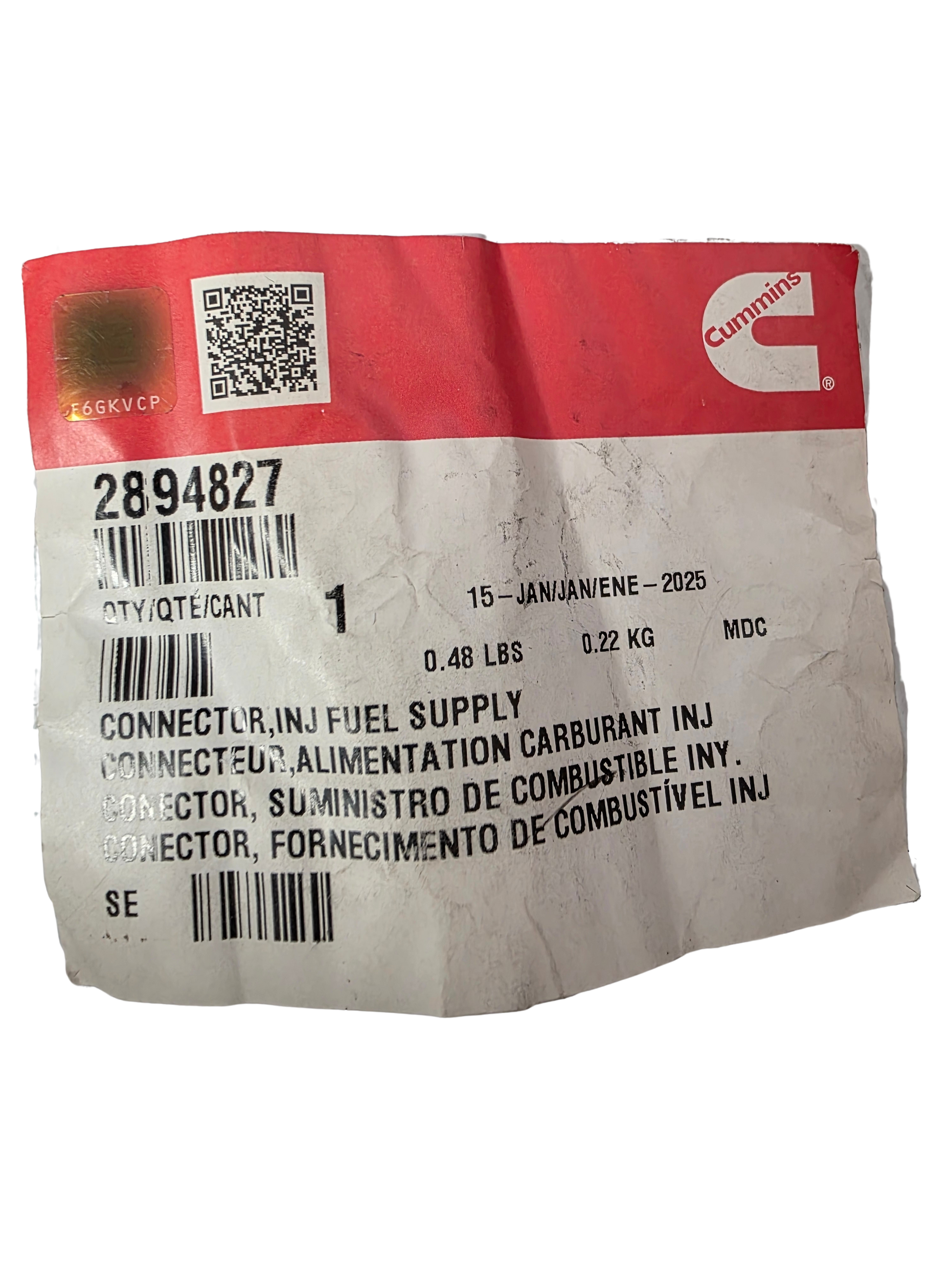 Genuine Cummins 2894827 Fuel Injector Supply Connector | ISX12, QSX15, X15 | EPA13 OEM Label