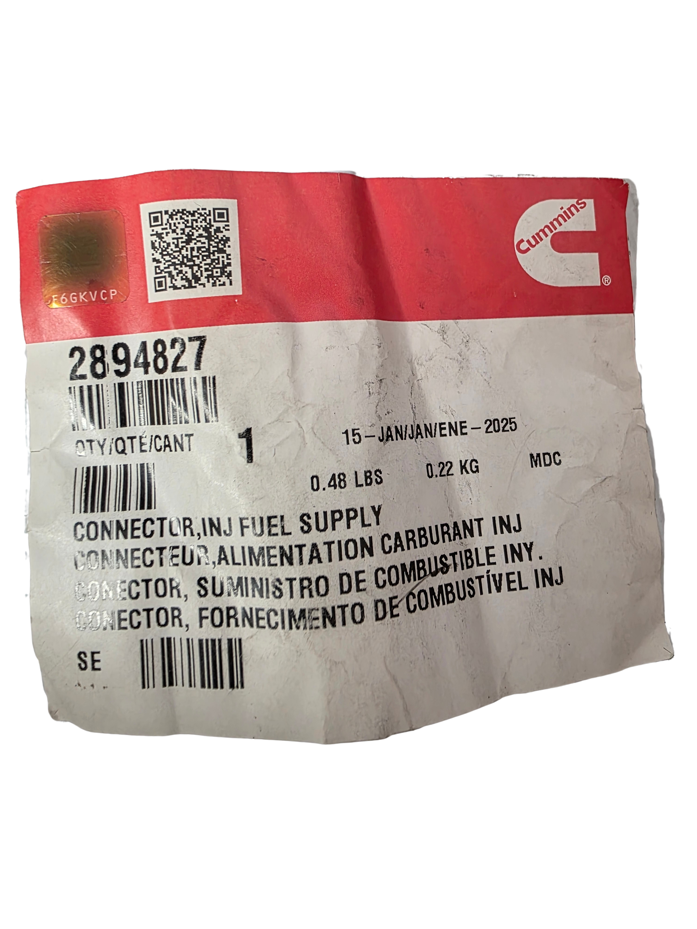 Genuine Cummins 2894827 Fuel Injector Supply Connector | ISX12, QSX15, X15 | EPA13 OEM Label