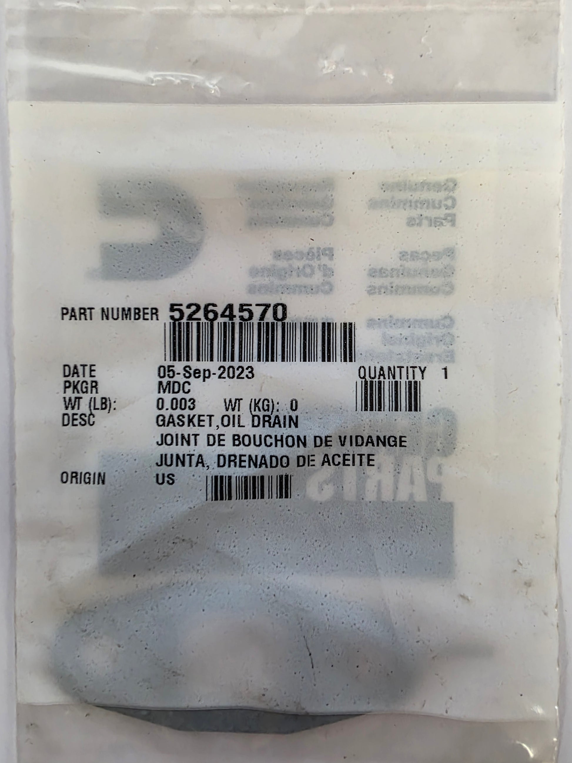 Genuine Cummins 5264570 Oil Drain Gasket | ISX15 QSX15 OEM Package