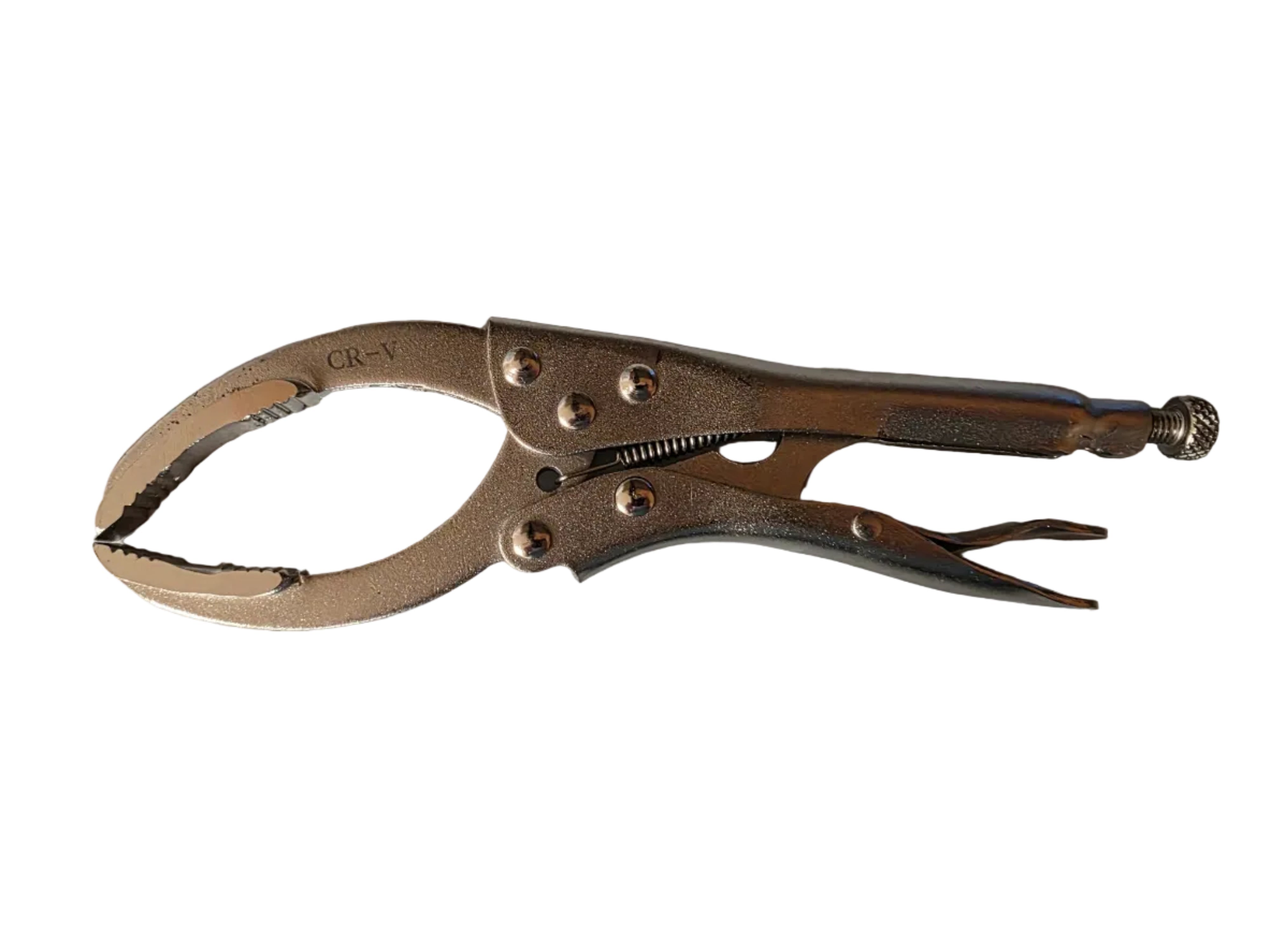 Locking pliers on a textured white surface