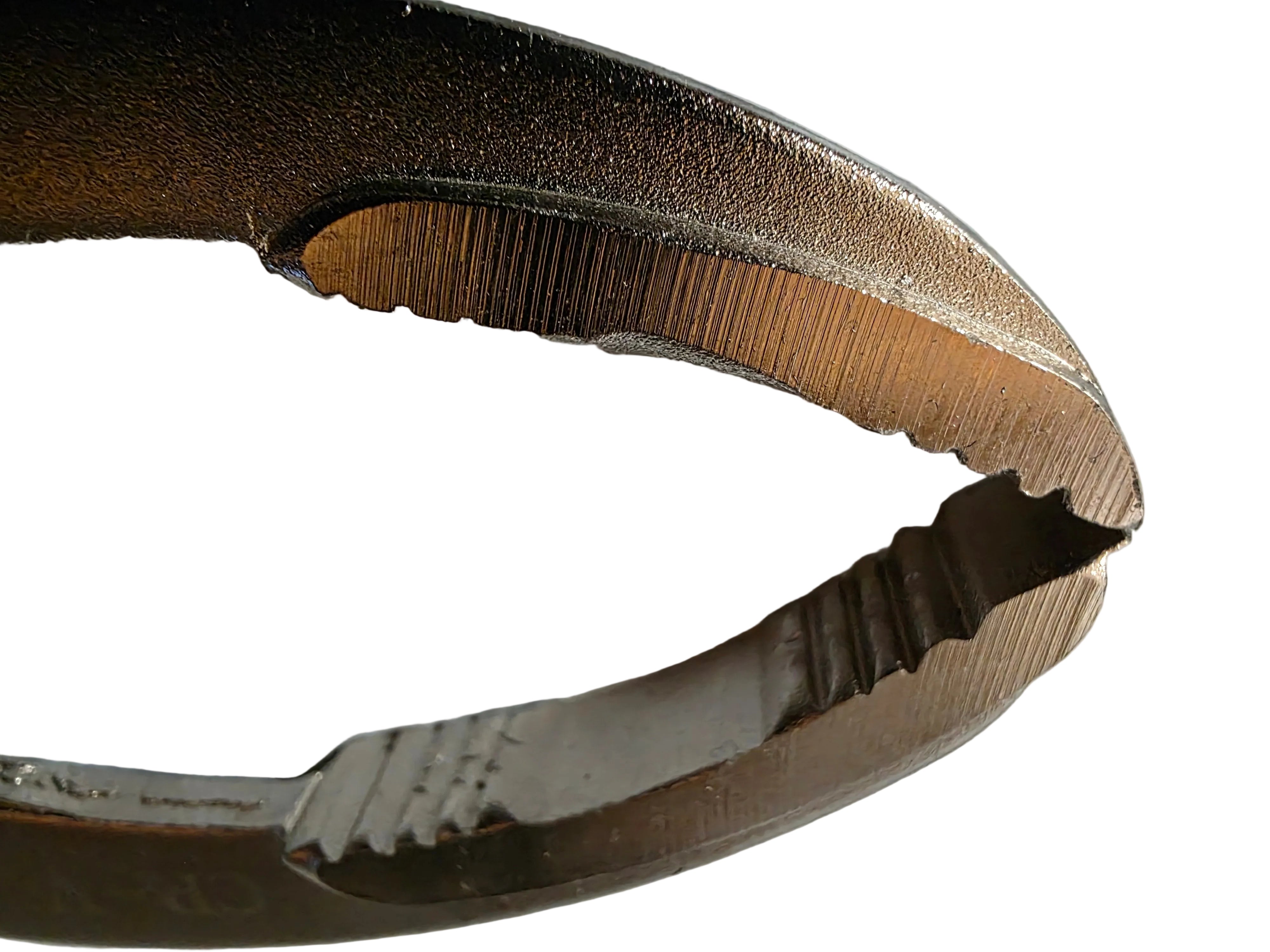 Close-up of a end of grip pliers on a white background