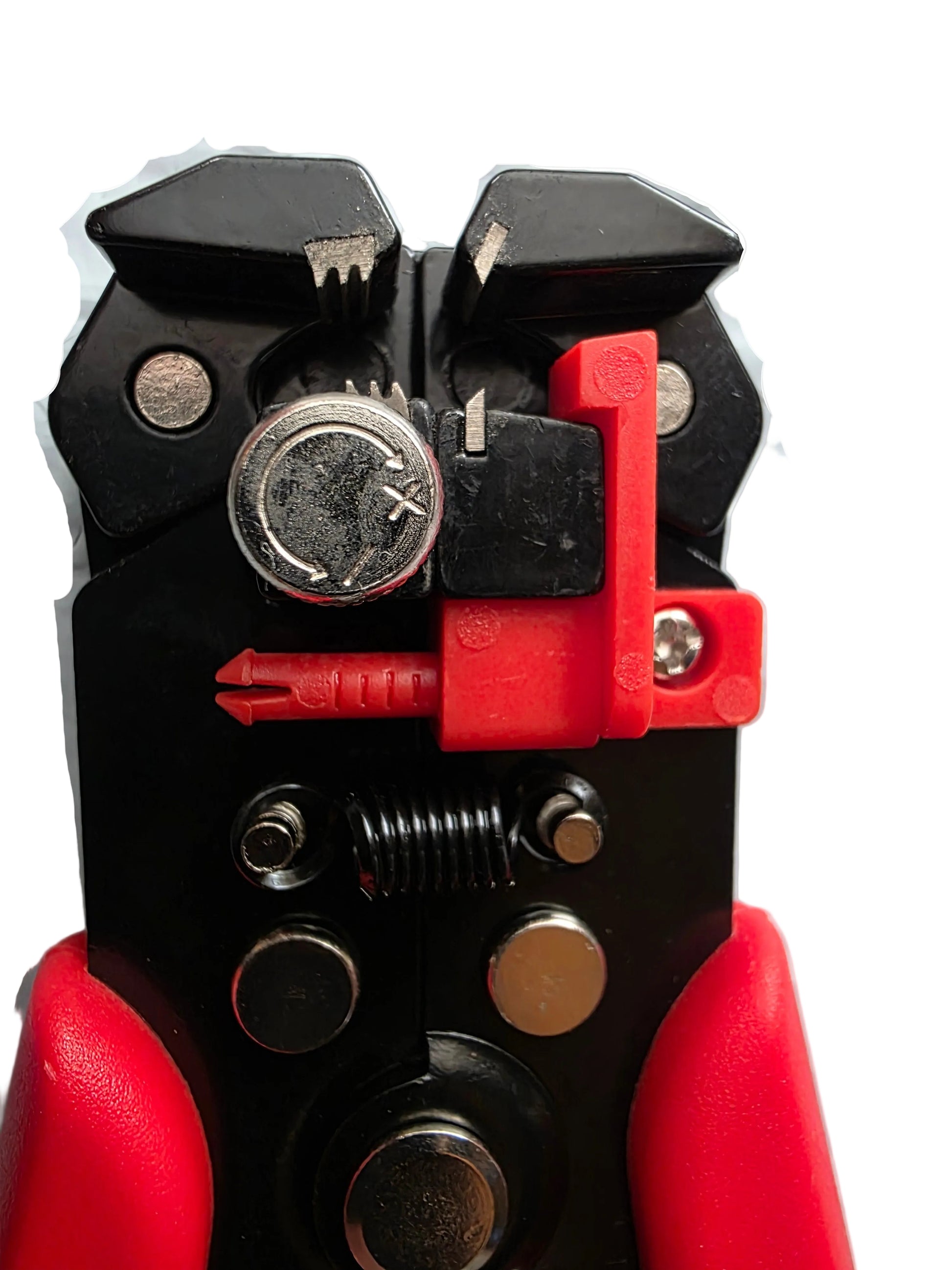 Close-up of a wire stripping tool with various components on a white background