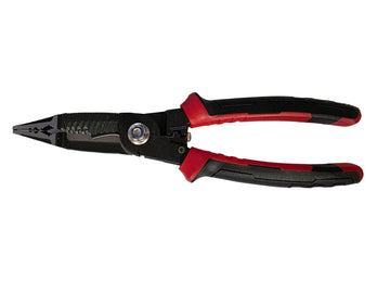Pair of black and red pliers on a white background