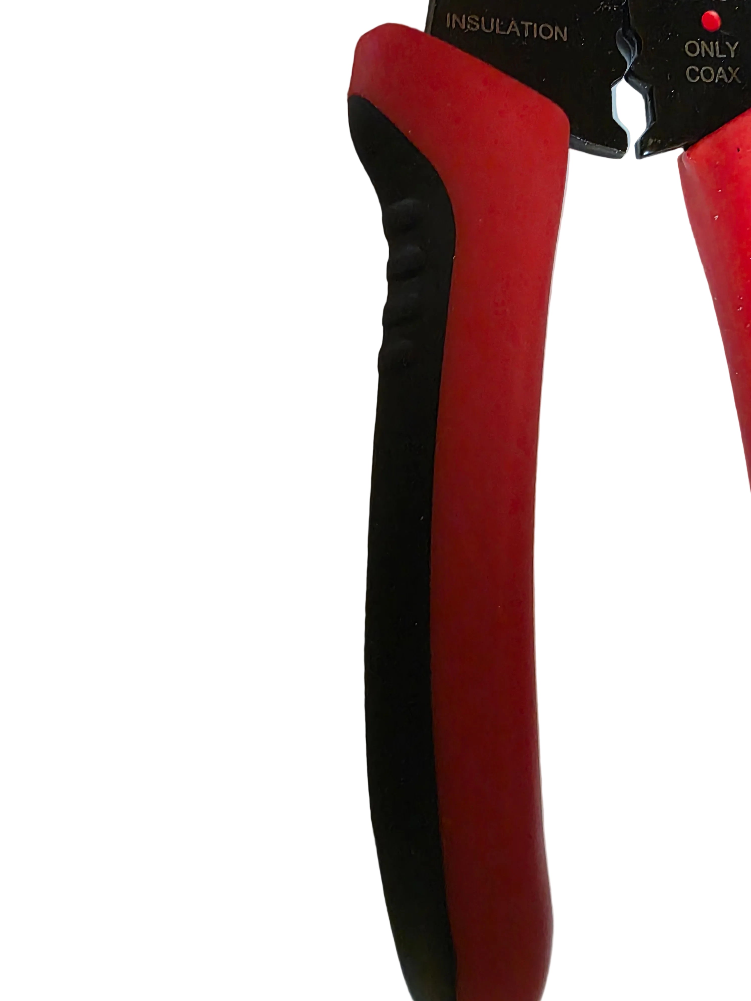 Red and black tool with insulation and coax labels on a beige background