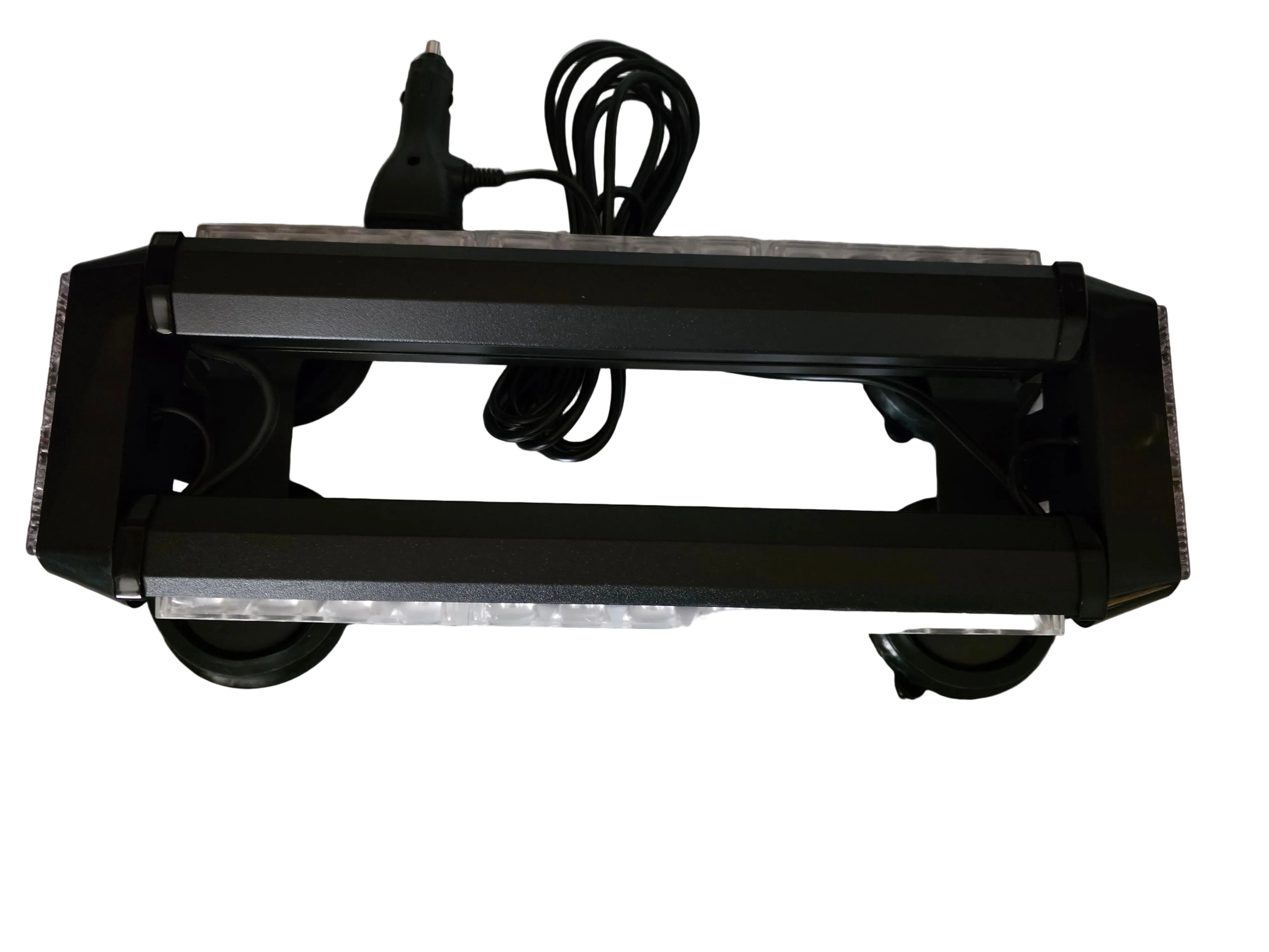 Black rectangular device with wheels and a power cord on a white surface