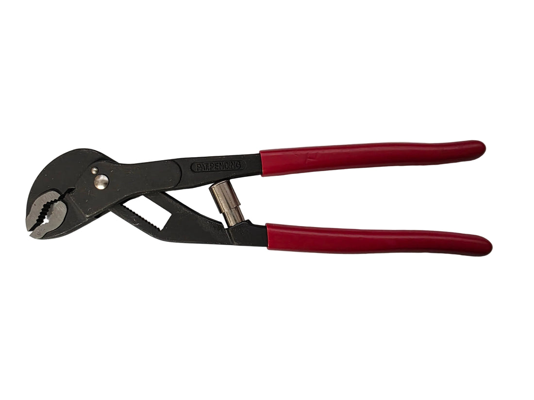 A pair of black and red pipe wrench pliers with a metal adapter, shown on a plain white background.