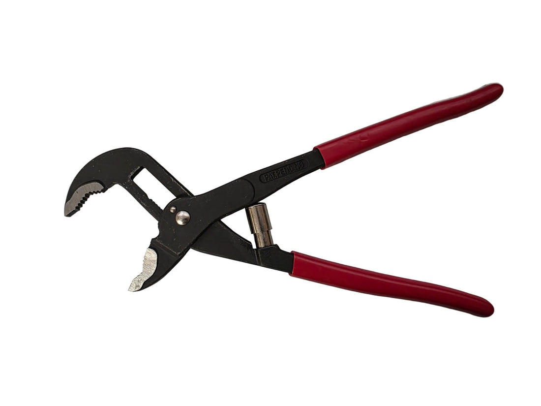 A pair of black and red pipe wrench pliers with a metal adapter, shown on a plain white background.