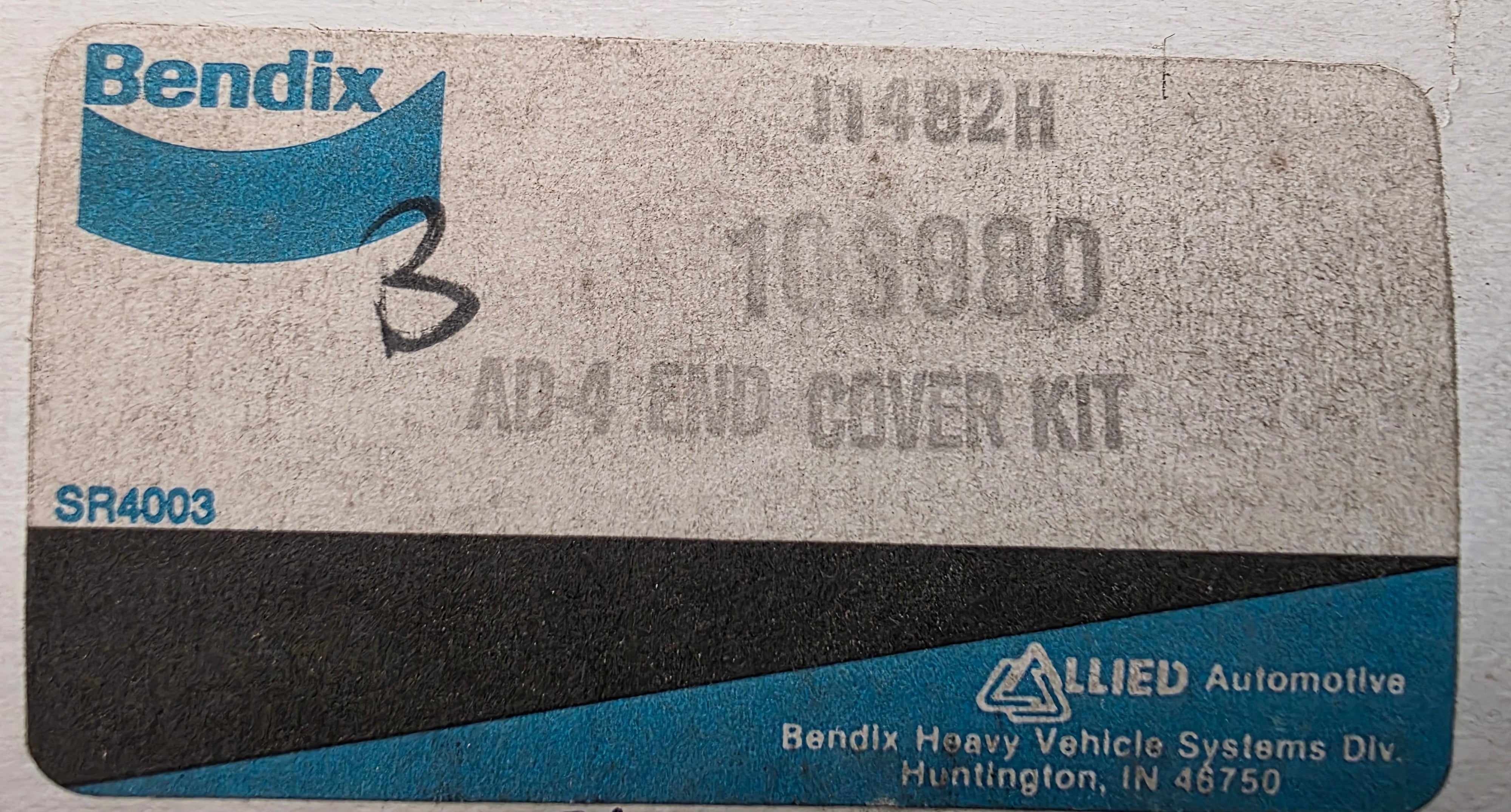 A cardboard box label for Bendix AD-4 End Cover Kit, showing part number 103980 and Allied Automotive branding.