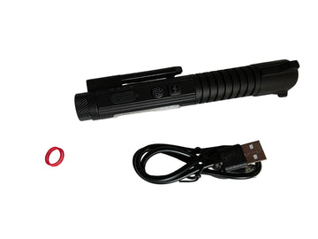 A black tactical LED flashlight with a textured grip and clip, shown alongside a black USB charging cable and a small clear plastic bag containing a red O-ring, all laid out on a white surface.