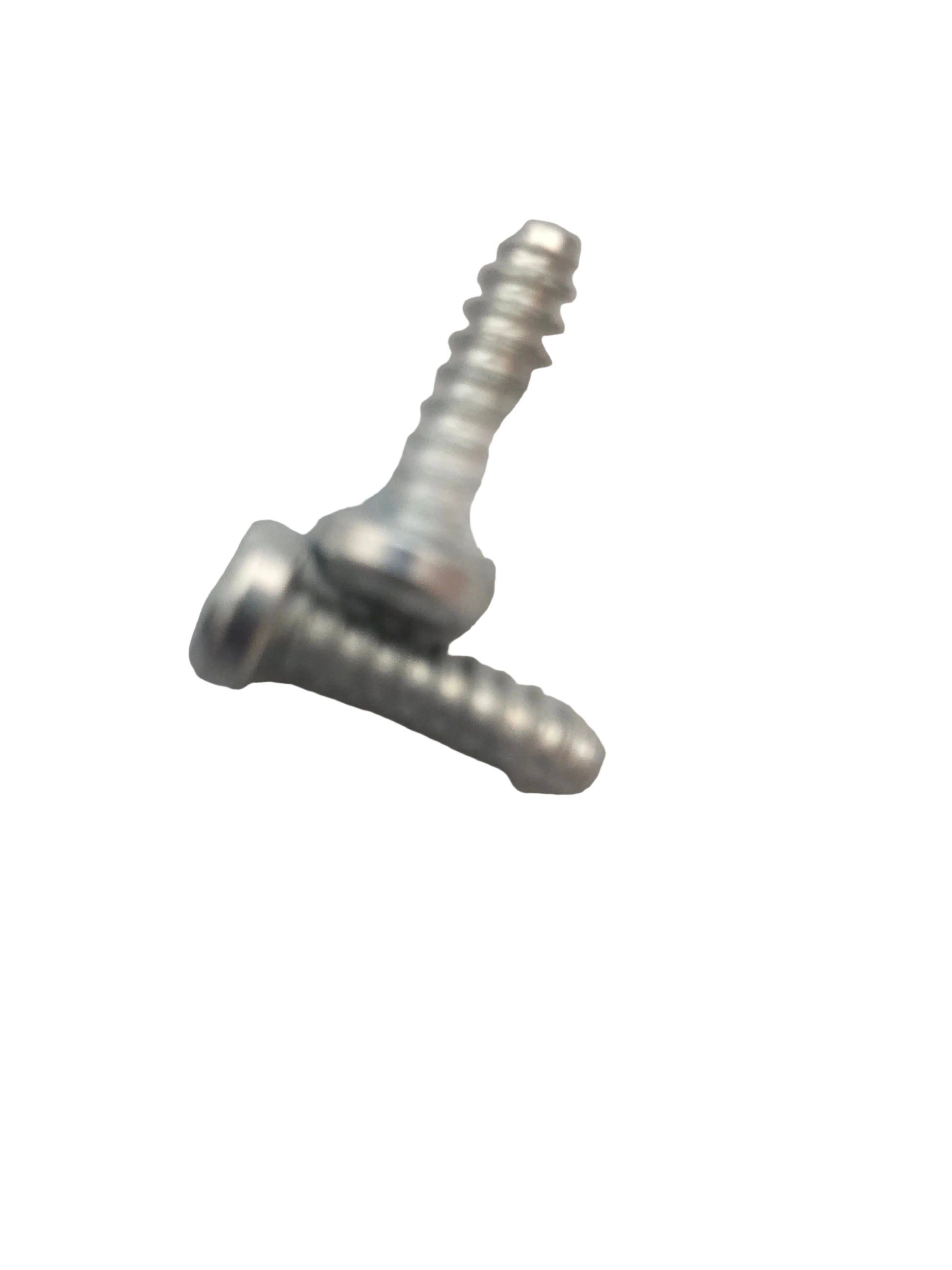 Two silver metal self-tapping screws with slotted heads, resting on a crumpled translucent plastic sheet.