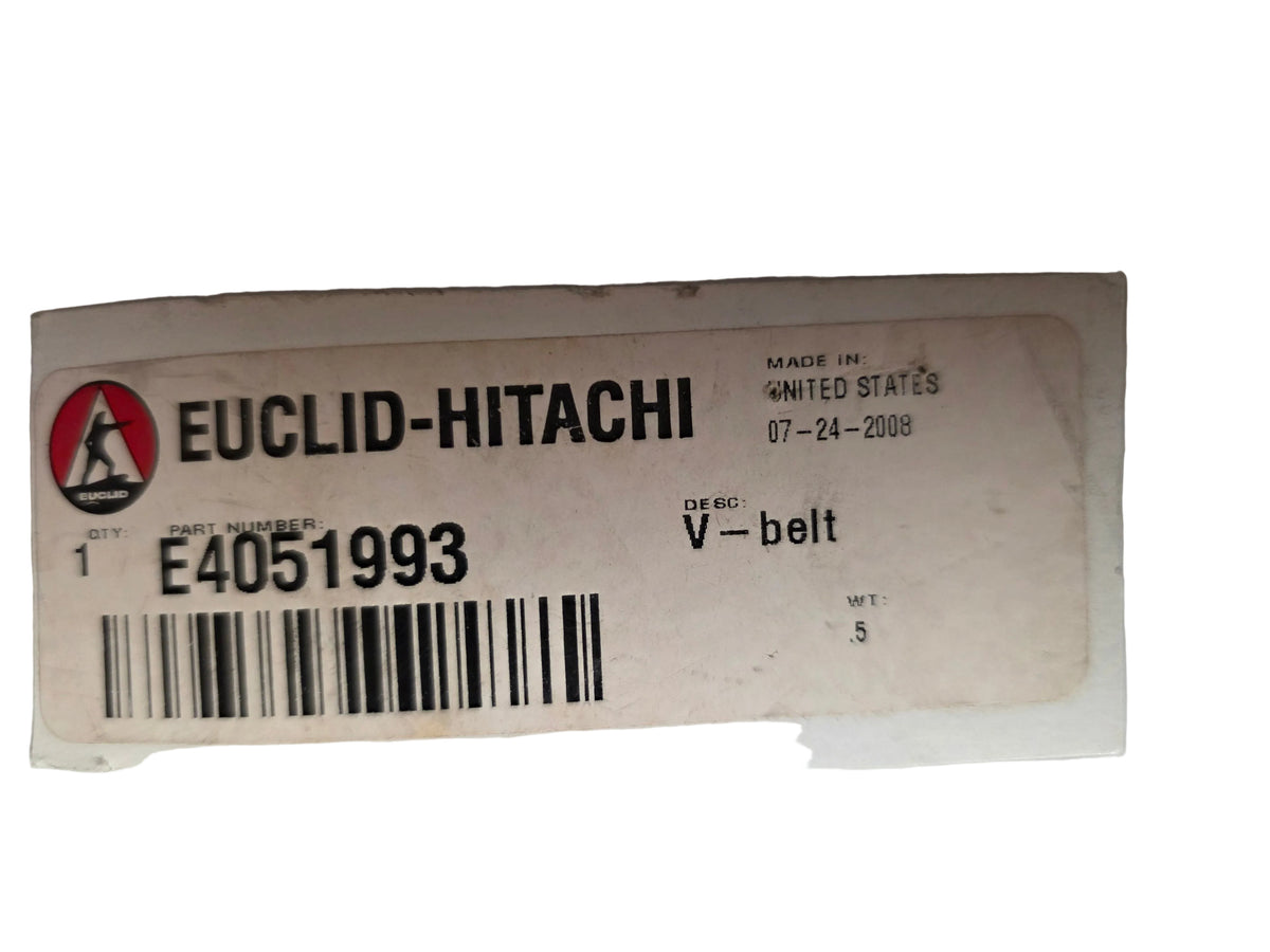 A rectangular paper label for a Euclid-Hitachi belt, showing a barcode, product code E4051993, and the Hitachi logo on a white background.