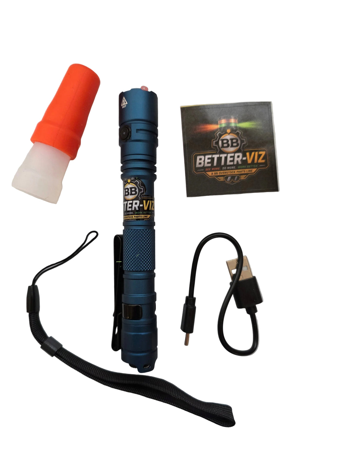 A blue BB Better-Viz tactical flashlight with a black clip and wrist strap, shown with an orange and white protective cap, a black USB charging cable, and a Better-Viz brand card on a white textured background.