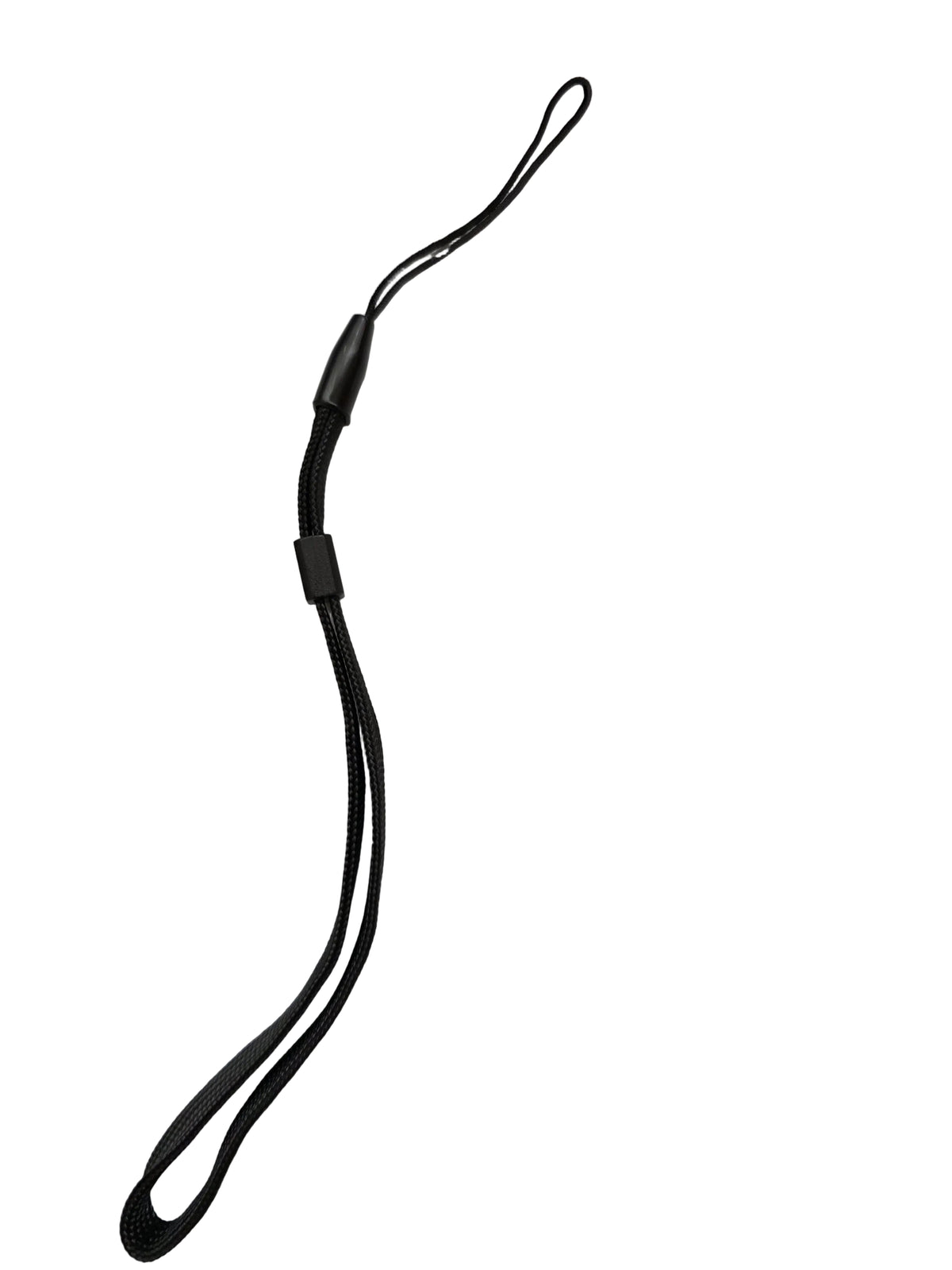 A black braided wrist strap with a matching black plastic toggle and loop, laid on a white surface.