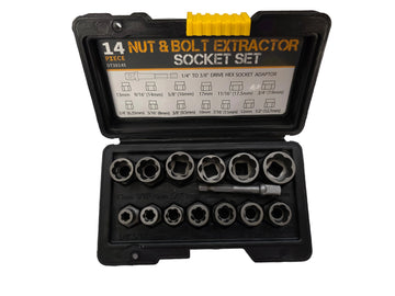 A 14-size socket and bolt extractor set in a black plastic case, shown open on a white background. The set includes various socket sizes, a 1/4" Hex to 3/8 drive bit, and a yellow handle attachment on the inside lid.