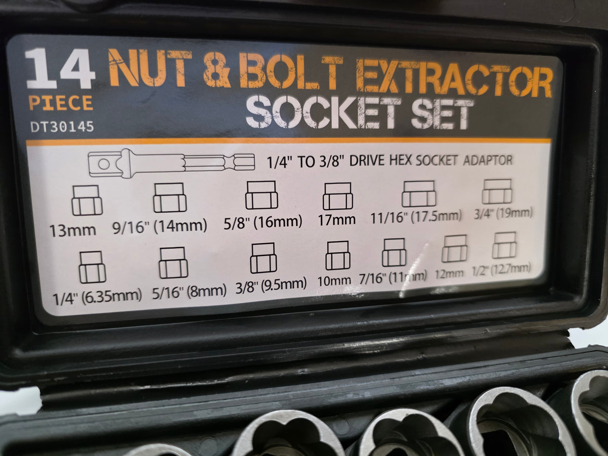 A close-up of a 14-piece nut and bolt extractor socket set in a black plastic case. The front label shows the product name, part number DT30145, and a size reference chart with diagrams and measurements for various hex socket adapter sizes.