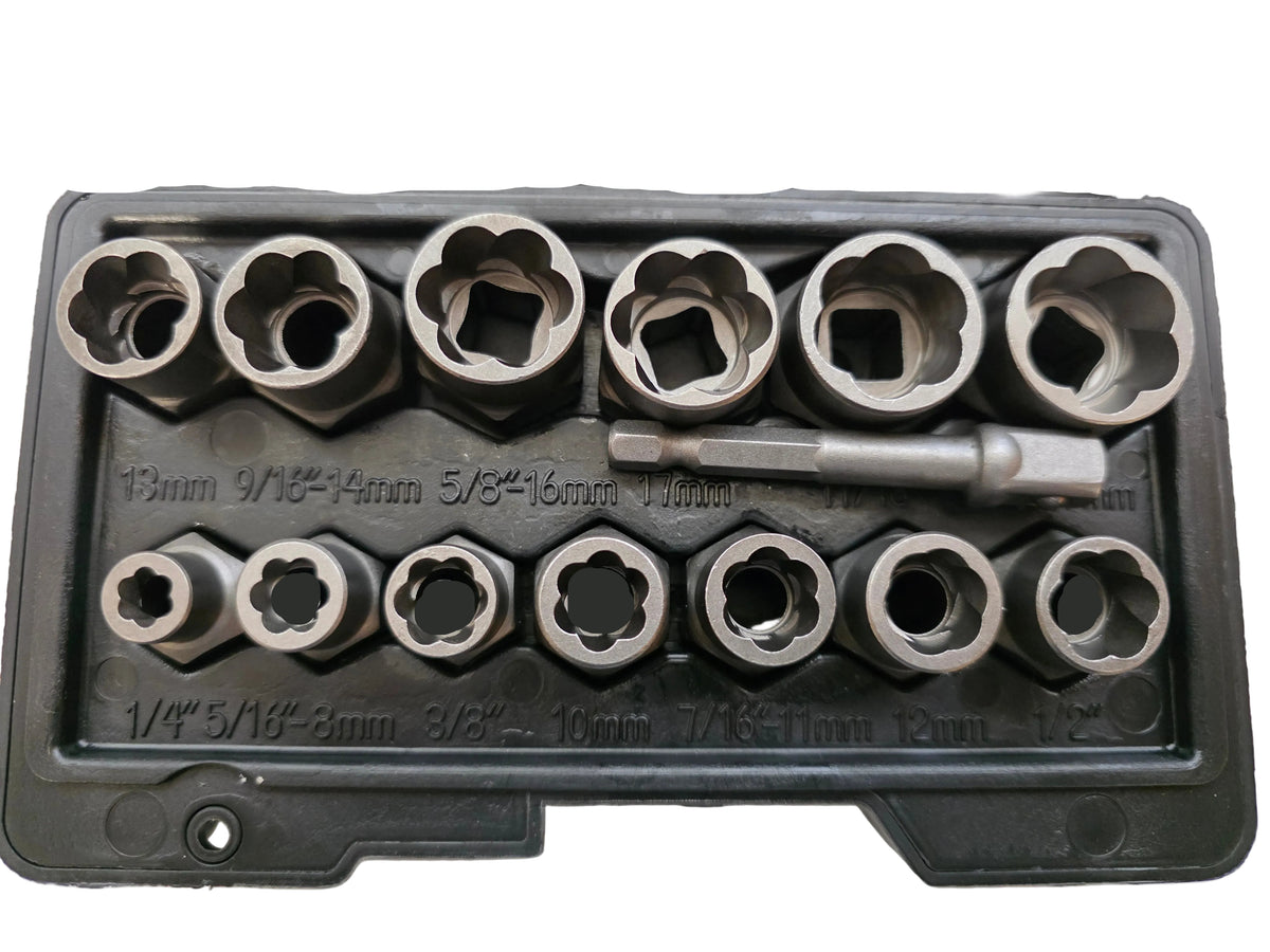 A 12-piece socket wrench set in an open black plastic case, featuring various socket sizes and a 1/4" Hex to 3/8 Drive bit, photographed on a white background.