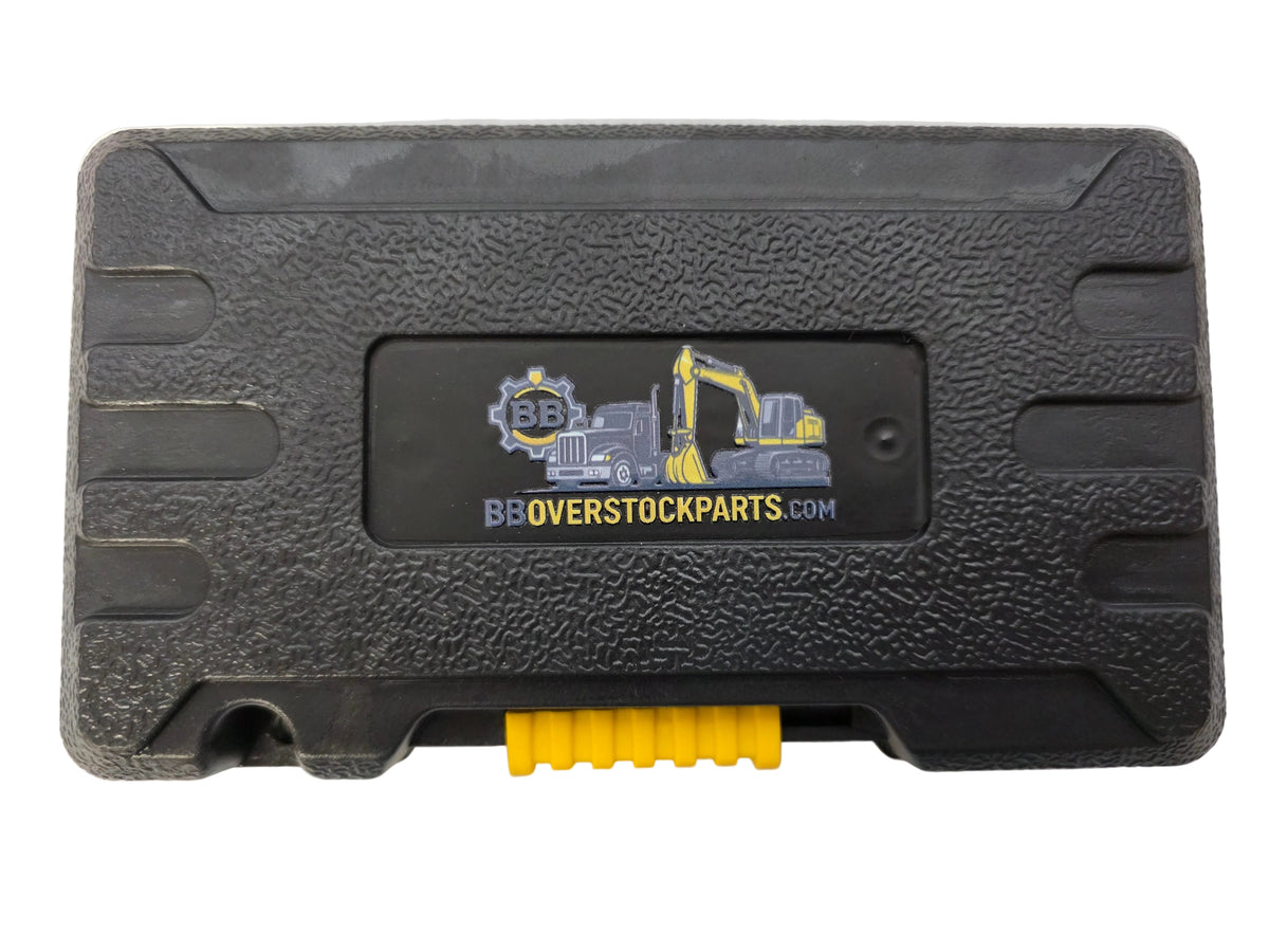 A black textured plastic storage case with a yellow and black label on the front reading 'BBOVERSTOCKARTS.COM', photographed on a plain light background.