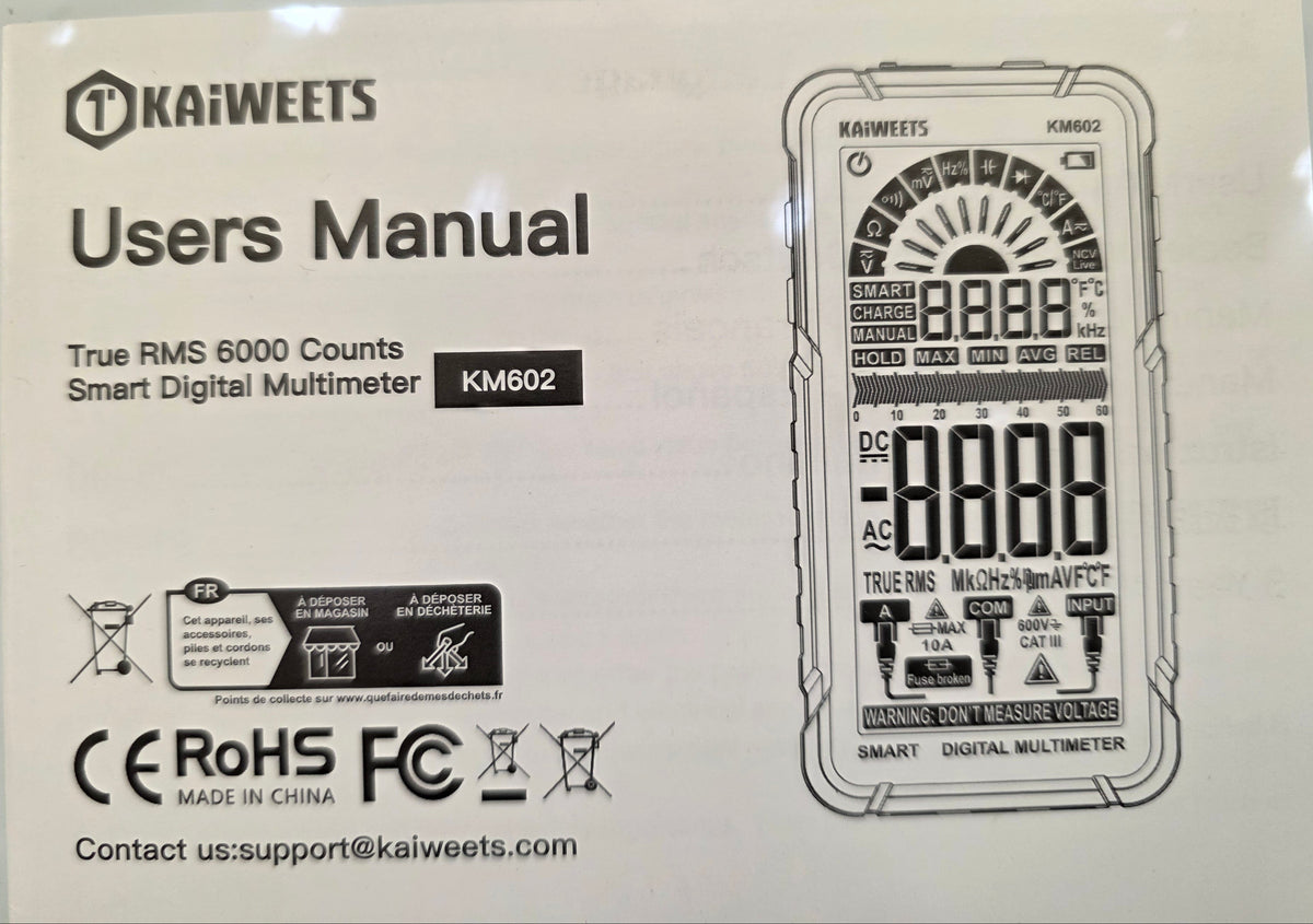 A printed user manual page for a Kaiwheels TK-PLUS 6000 Curts Smart Digital Multimeter, showing the model KM602, with regulatory compliance marks and a black-and-white schematic of the device.