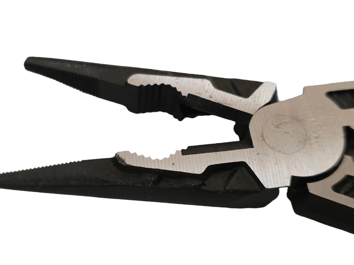 Close-up of a pair of needle-nose pliers with black coated jaws and silver metal pivot hardware, resting on a white surface.