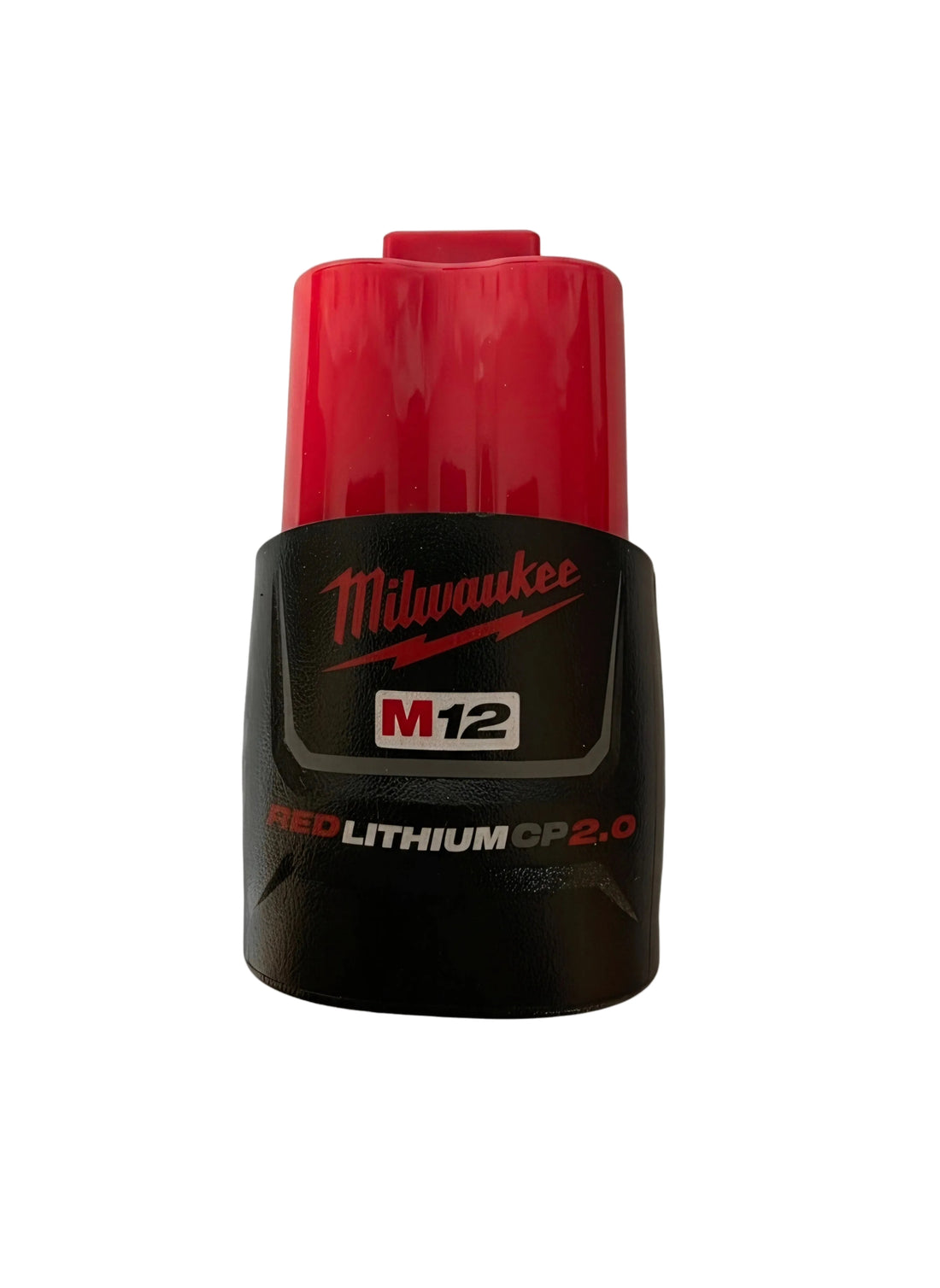 A Milwaukee M12 REDLITHIUM CP2.0 cordless tool battery pack with a red top and a black label, shown on a plain white background.