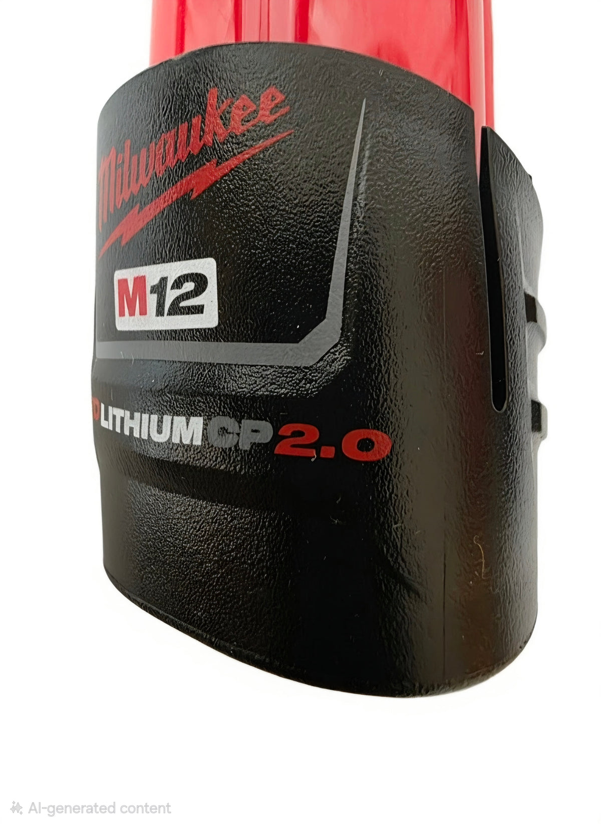 Close-up of a Milwaukee M12 Lithium CP2.0 cordless tool battery pack showing the black protective outer sleeve with red and white branding.