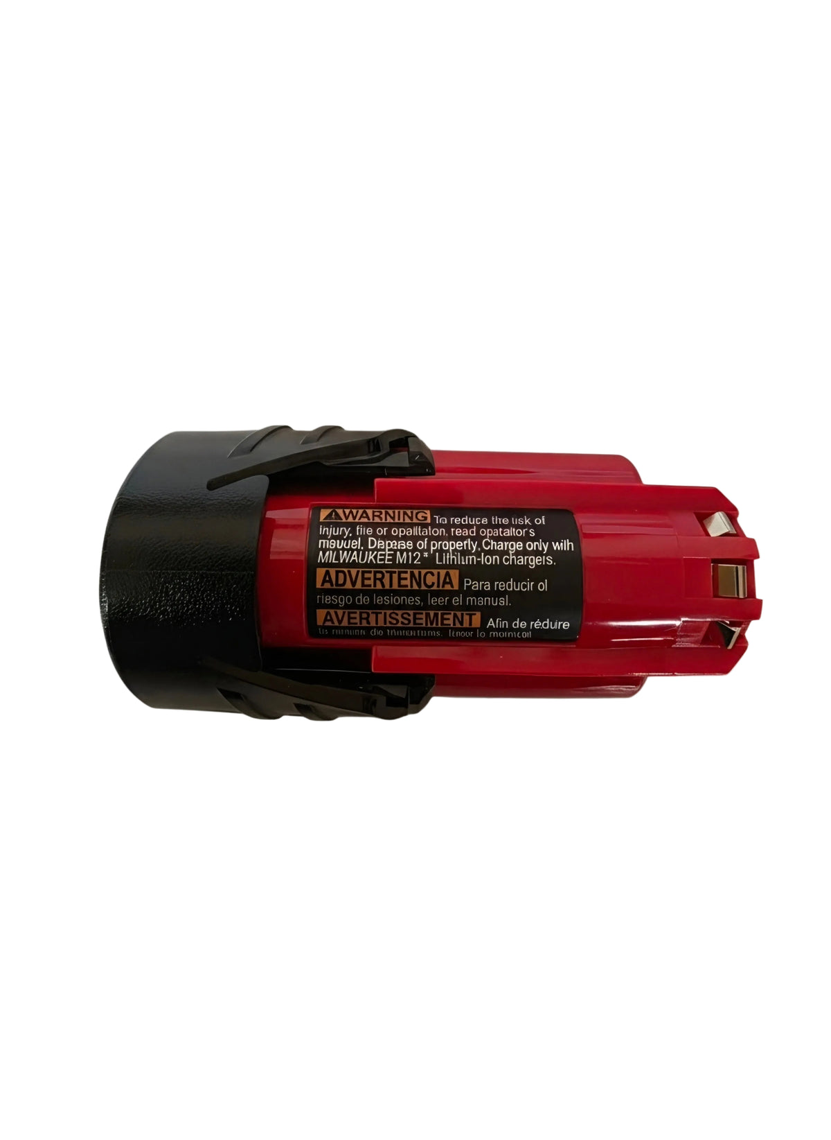 A red and black cordless battery pack with a warning label on the side, photographed on a white background.