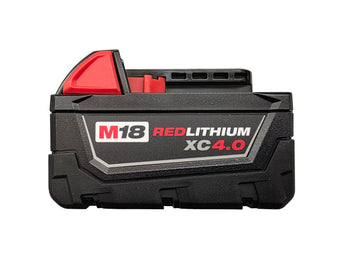 A single M18 Red Lithium XC-4.0 cordless tool battery in black and red, photographed from a top-down angle on a white background.