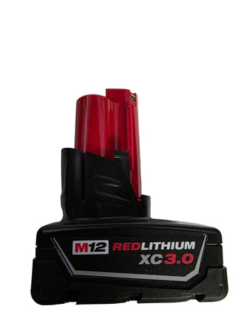 A cordless tool battery pack, specifically a M12 REDLITHIUM XC3.0 model, featuring a black body with red and white text, and a red cylindrical battery cell visible at the top, set against a plain white background.