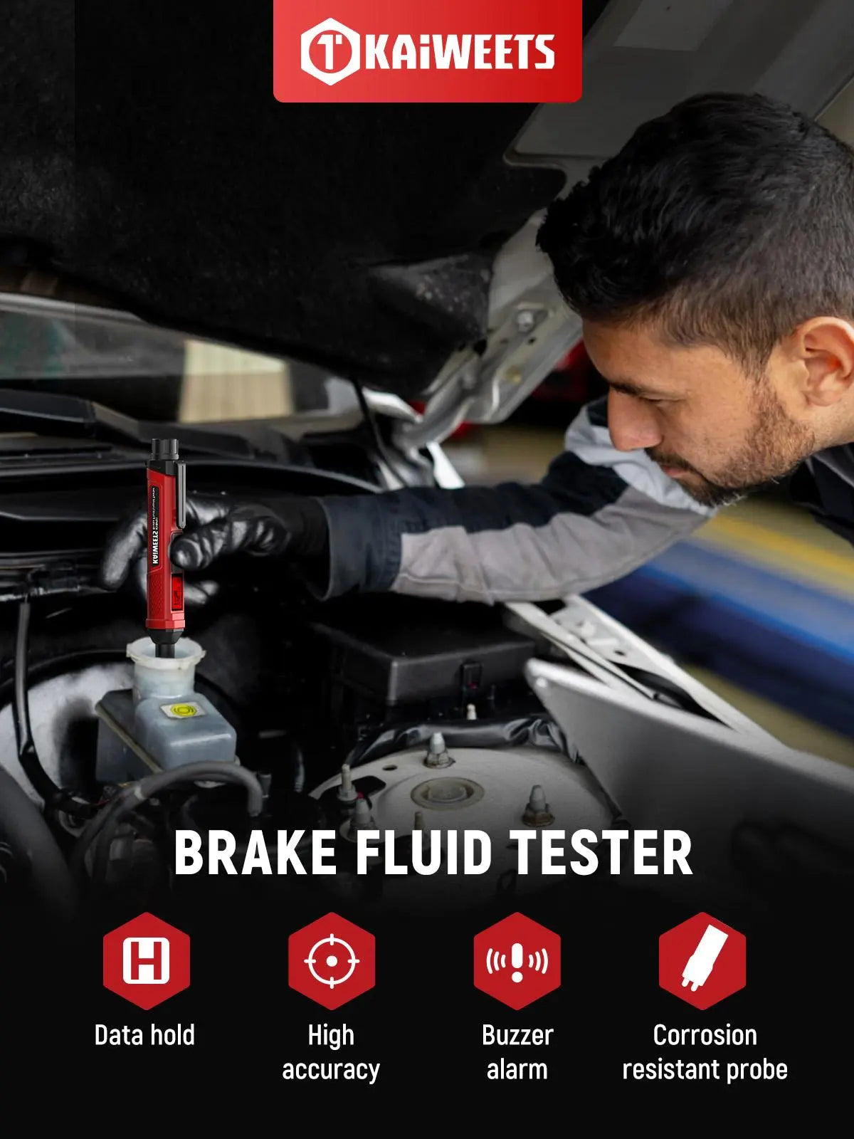 A man in a gray work jacket and black gloves uses a red and black Kaiweets Brake Fluid Tester on a car's engine bay. The image features the Kaiweets brand logo at the top and feature icons at the bottom highlighting its data hold, high accuracy, buzzer alarm, and corrosion resistant probe.
