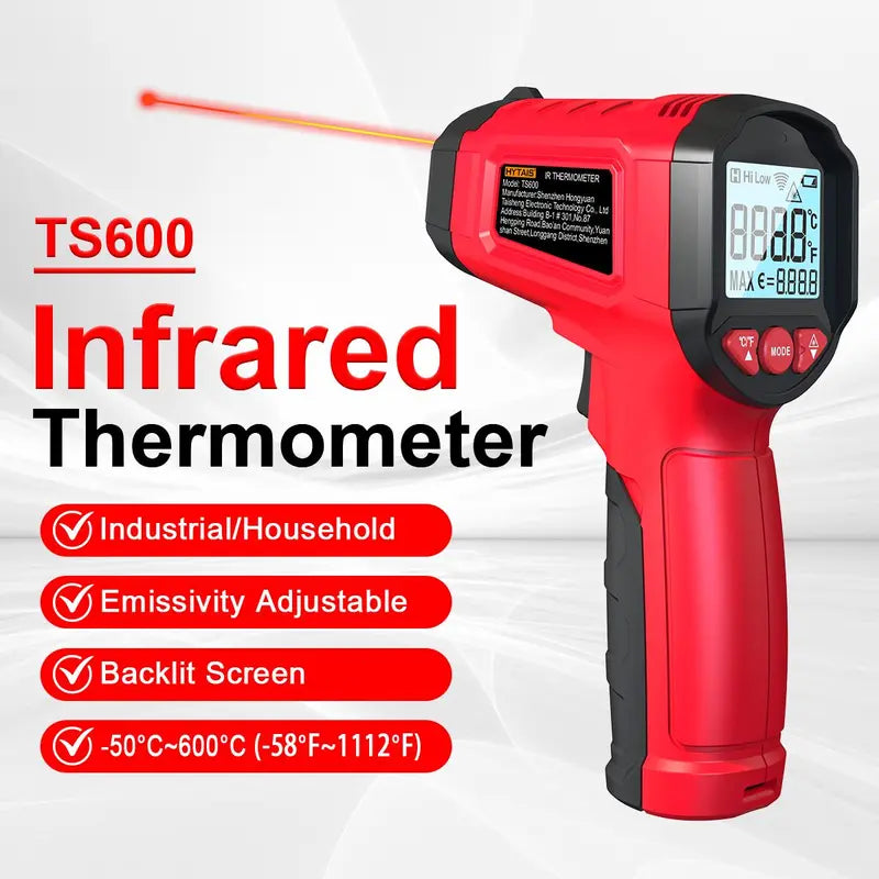 Red and black TS600 infrared thermometer with a digital display screen and red laser pointer, shown alongside text highlighting features like industrial/household use, adjustable emissivity, backlit screen, and temperature range -50°C to 600°C.