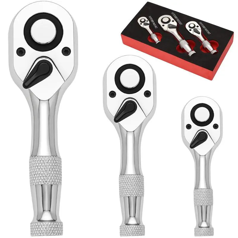 3 Pc. Professional 1/4", 3/8" & 1/2" Drive Stubby Ratchet Set (72-Tooth)