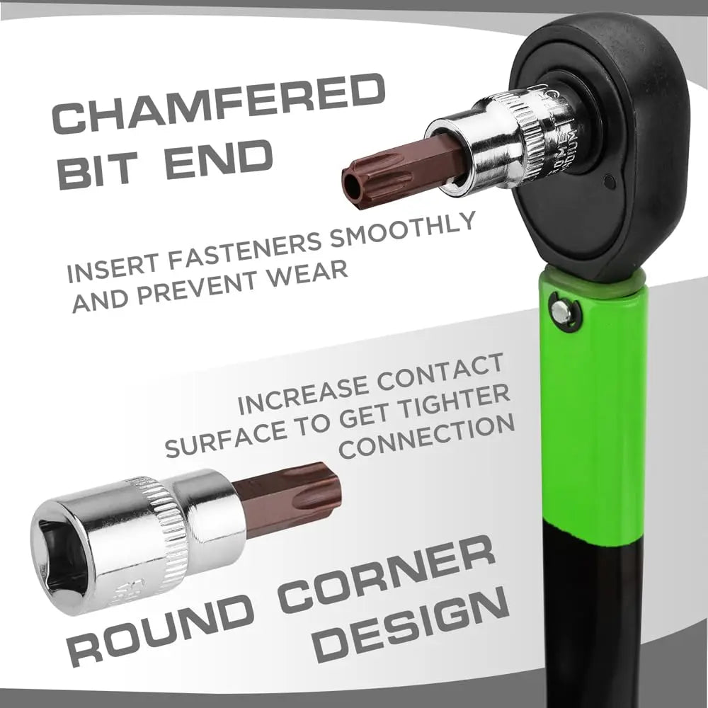 A ratchet wrench with a chamfered bit end and green-and-black handle, shown with explanatory text and a separate socket attachment on a light gray graphic background.