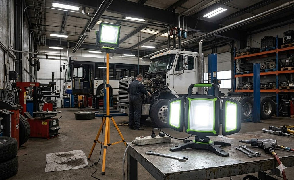 Two portable work lights on a workshop table with a truck in the background