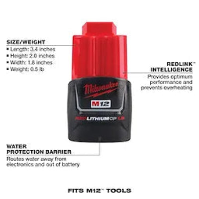 Milwaukee M12 Lithium-ion cordless tool battery with a red top and black body, shown on a white background with text callouts about size, weight, water protection barrier, and fit for M12 tools.