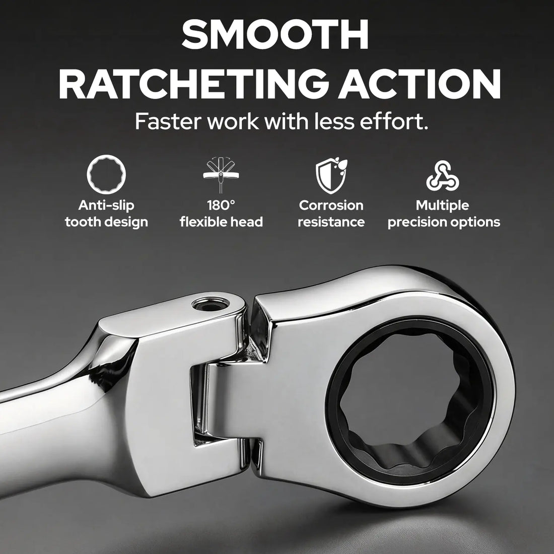 A set of Metoxa ratchet wrenches displayed in ascending size order above a matching storage tray. The image includes a close-up inset of the head on the top left and a large 7/8" wrench on the bottom left.