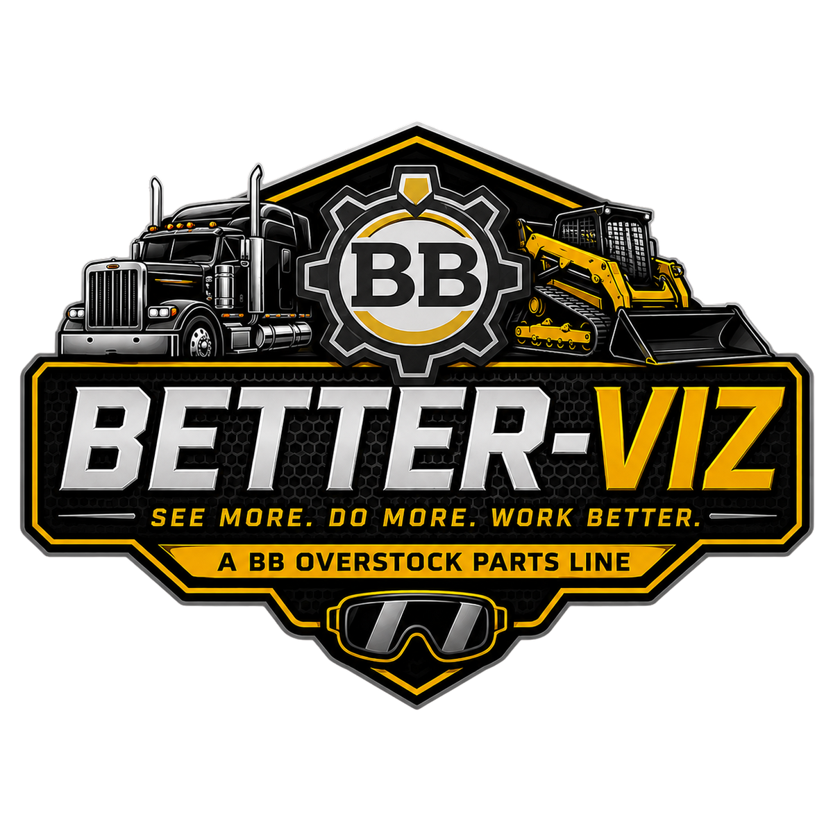 A graphic logo for Better-Viz, featuring a black and yellow construction-themed badge with a semi-truck, bulldozer, gear, goggles, and the text 'BETTER-VIZ' and 'A BB OVERSTOCK PARTS LINE'.