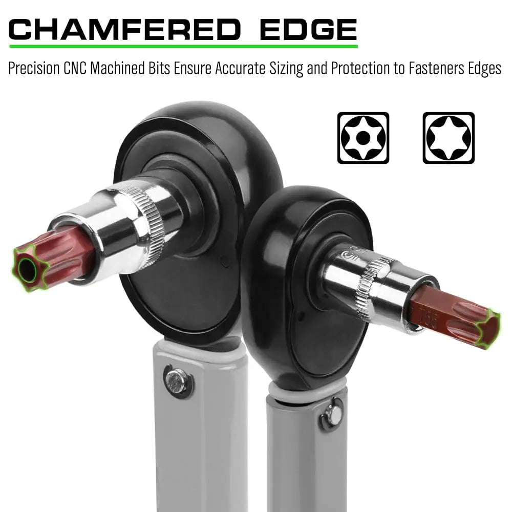 Two chamfered CNC machined fastener bits with black protective heads and silver shanks, shown on a white background with marketing text and icon graphics.