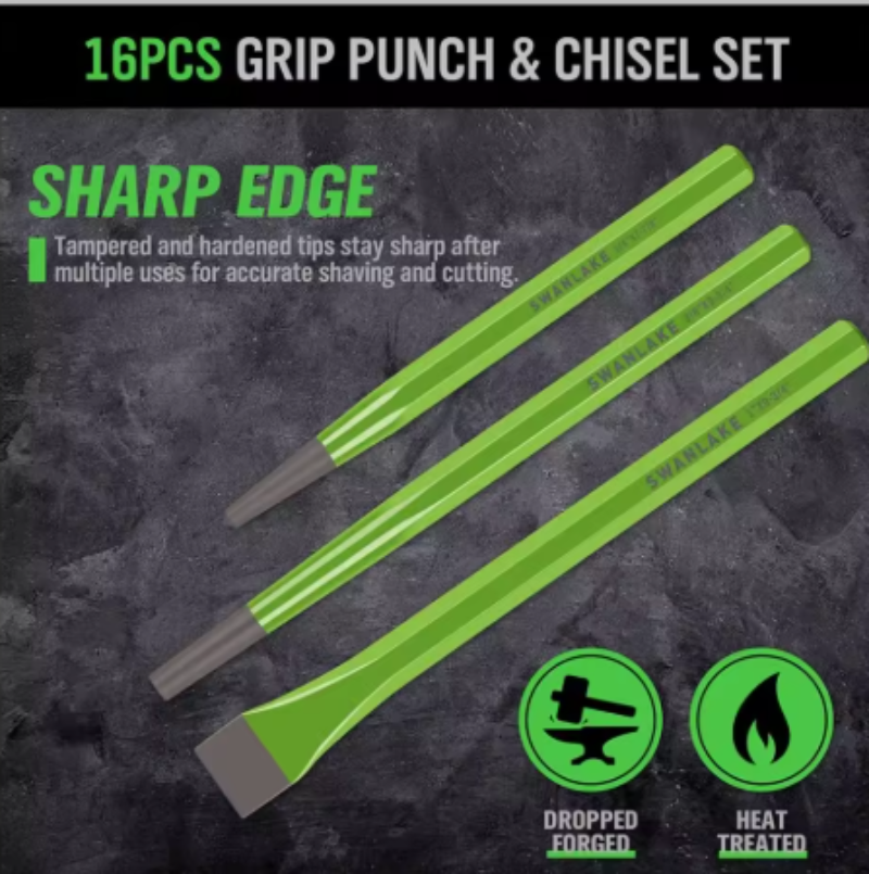 A 16-piece grip punch and chisel set shown on a dark textured background. The tools have bright lime green handles with gray metal heads.