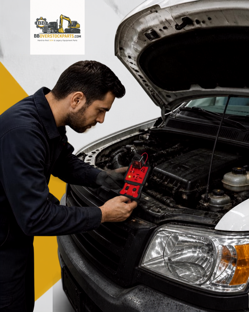 A mechanic in a dark blue uniform uses a red and black diagnostic tool on a car engine bay with the hood open, set against a studio background with a yellow graphic accent and a BB Overstock Parts' logo in the top left.