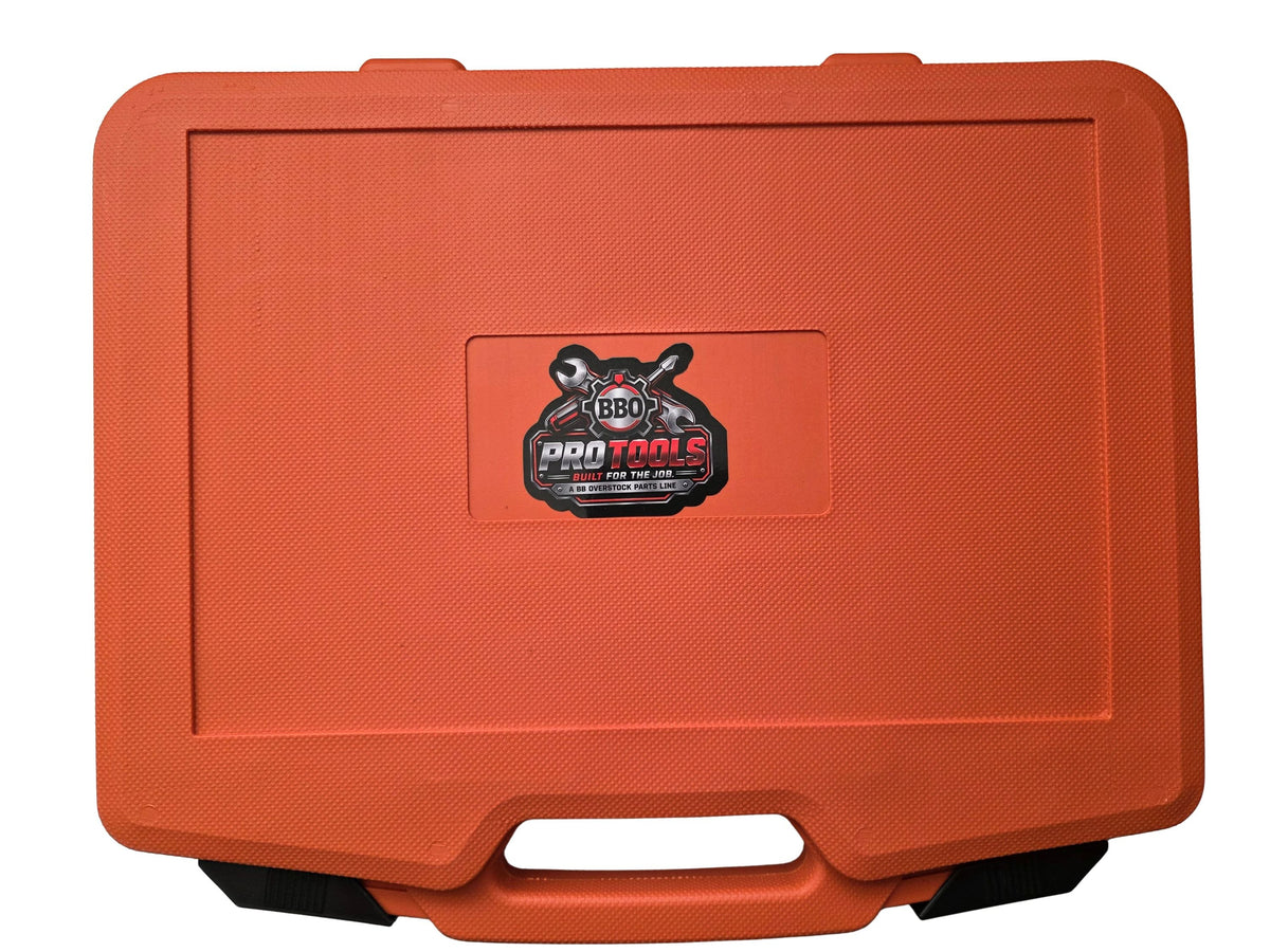 An Red heavy-duty plastic tool case with a built-in handle and a central logo for 'BBO Pro Tools' on a white background.