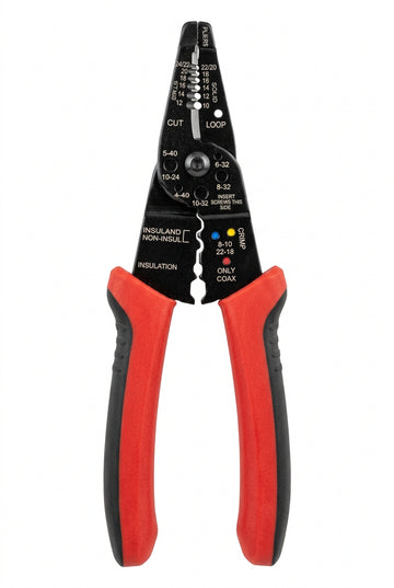BBO Pro Tool Professional 9-inch Wire Stripper/Crimping Tool, Cable Cutter/Crimper, Wiring and Multi-Function Hand Tool, Red with Black on a White Background