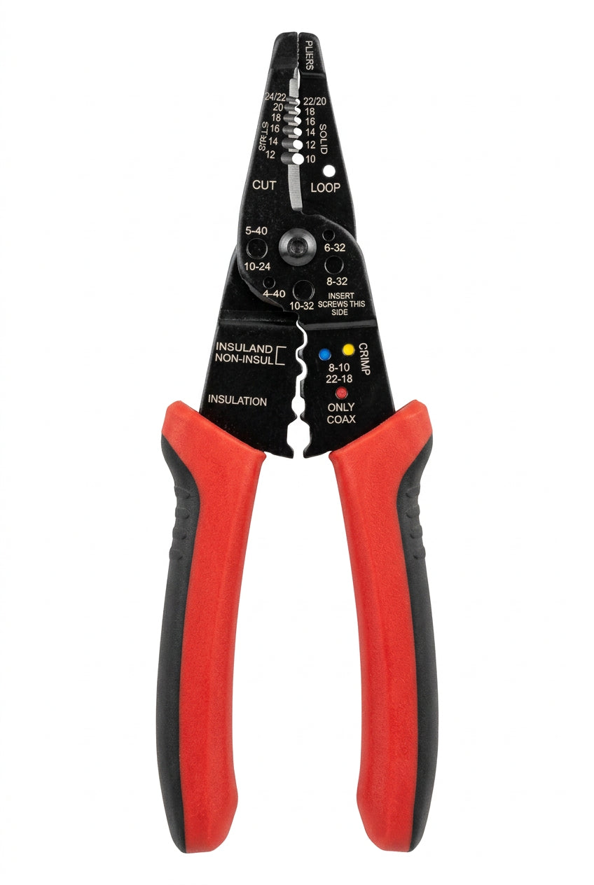 BBO Pro Tool Professional 9-inch Wire Stripper/Crimping Tool, Cable Cutter/Crimper, Wiring and Multi-Function Hand Tool, Red with Black on a White Background