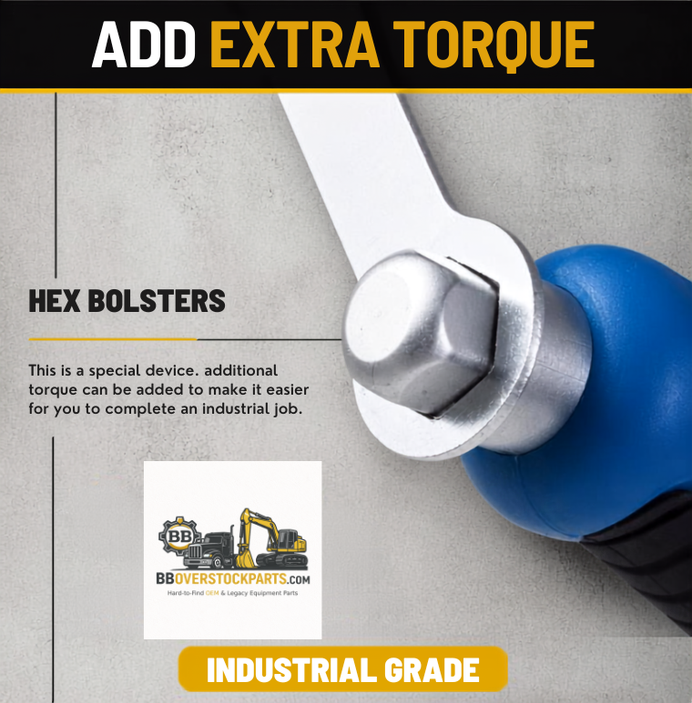 A close-up of a blue and black handheld tool with a silver hex bolt attachment, shown on a gray textured background with marketing text reading 'ADD EXTRA TORQUE' and 'HEX BOLSTERS.' A small logo for BBoverStockParts.