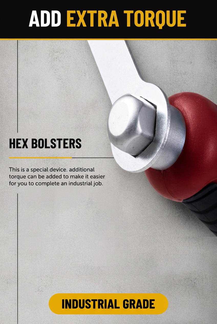 A close-up of a red and black handheld tool with a silver hex bolt attachment, shown on a gray textured background with marketing text reading 'ADD EXTRA TORQUE' and 'HEX BOLSTERS.' 