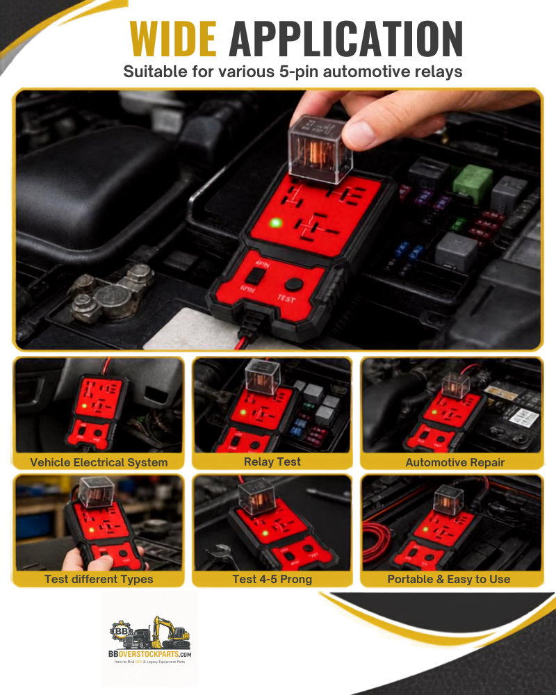 An automotive electrical relay testing tool shown in a car engine bay, with a hand plugging a small connector into the red-and-black device. The image includes the text 'WIDE APPLICATION' and six smaller labeled photos demonstrating use for vehicle electrical systems, relay testing, automotive repair, different relay types, 4-5 prong testing, and portability.